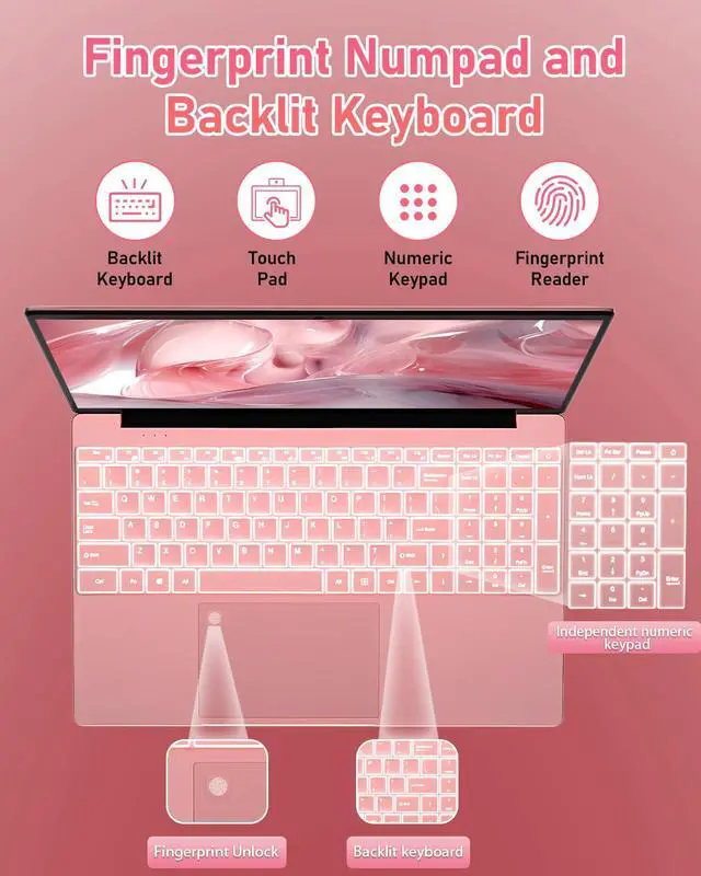 Alt view image 4 of 5 - 15.6" FHD Student Laptop Pink,16GB DDR4 RAM 512GB PCIe SSD,Portable Laptop Computer with Backlit Keyboard,180 ° Angle Opening,Fingerprint Reader,6000mAh Battery,Webcam,WiFi 5,BT 4.2,HDMI,USB 3.0