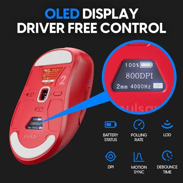 Alt view image 4 of 5 - Pulsar Gaming Gears - Xlite v3 ES Wireless Gaming Mouse, Limited Edition, Ergonomic, Optical Switch, OLED Display, Driverless, PAW3395 Sensor, 100H Battery, 4K dongle Included (Medium, Red)