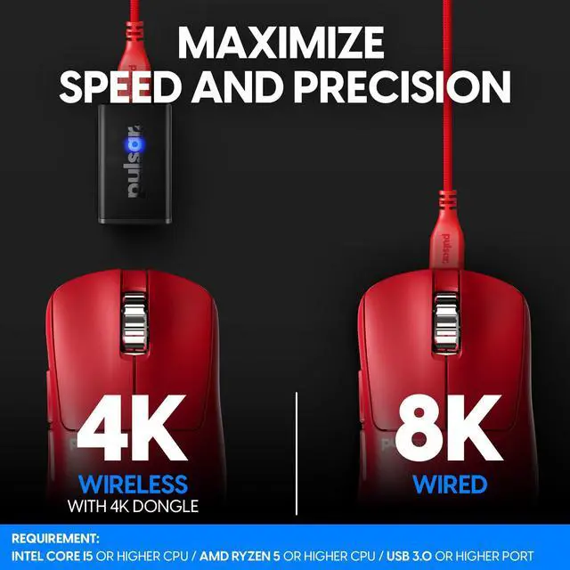 Alt view image 3 of 5 - Pulsar Gaming Gears - Xlite v3 ES Wireless Gaming Mouse, Limited Edition, Ergonomic, Optical Switch, OLED Display, Driverless, PAW3395 Sensor, 100H Battery, 4K dongle Included (Medium, Red)