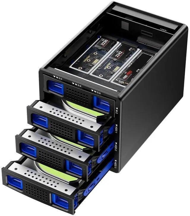 Main image of Hybrid 3*2.5/3.5" SATA HDD/SSD(2 HDDs Support 4 RAID Mode)+3* M / B+M Key M.2 NVMe Enclosure with Fan, USB A/C 3.2 Gen 2, Hard Drive Enclosure Support 90TB(3*22TB HDD+3*8TB 2230/42/60/80/110 SSDs)