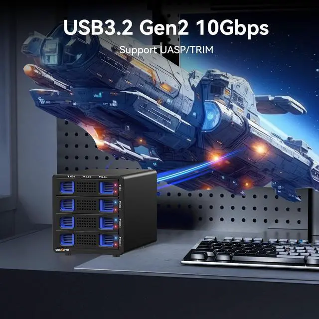 Alt view image 5 of 5 - Hybrid 3*2.5/3.5" SATA HDD/SSD(2 HDDs Support 4 RAID Mode)+3* M / B+M Key M.2 NVMe Enclosure with Fan, USB A/C 3.2 Gen 2, Hard Drive Enclosure Support 90TB(3*22TB HDD+3*8TB 2230/42/60/80/110 SSDs)