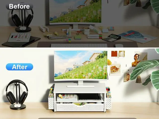 Alt view image 4 of 5 - Desk Organizer and Accessories, Computer Monitor Stand Riser with Drawer and 2 Pen Holders, Office Desk Accessories & Workspace Organizers for Office Supplies (White)