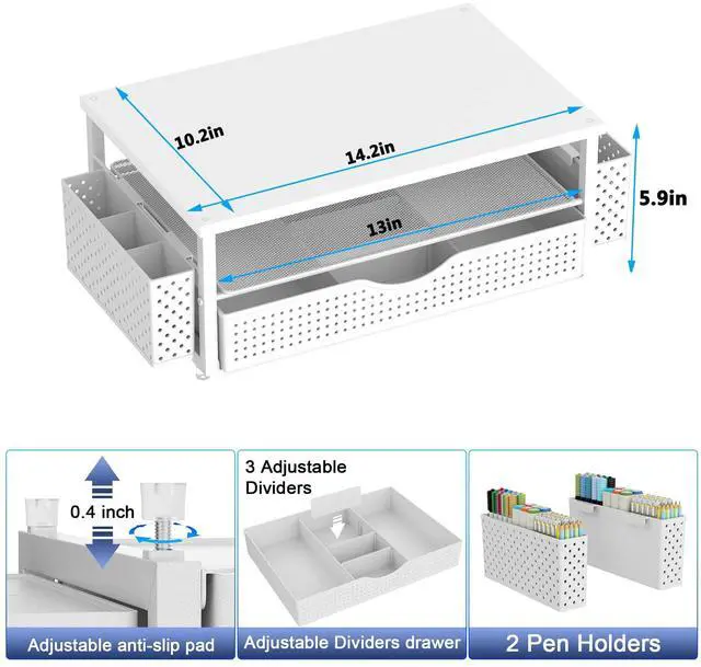 Alt view image 3 of 5 - Desk Organizer and Accessories, Computer Monitor Stand Riser with Drawer and 2 Pen Holders, Office Desk Accessories & Workspace Organizers for Office Supplies (White)