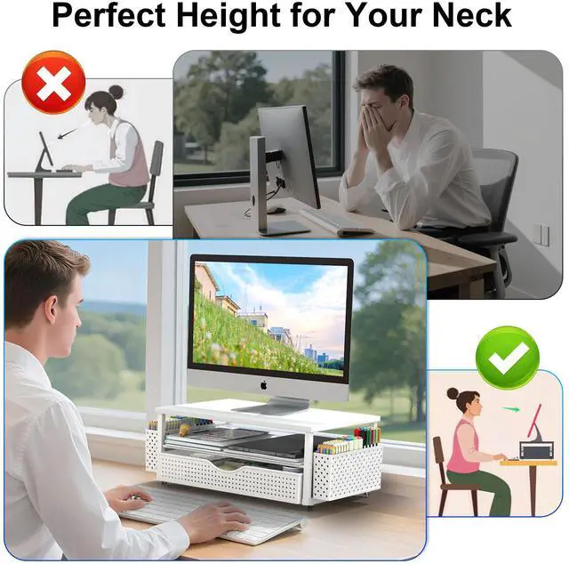 Alt view image 5 of 5 - Desk Organizer and Accessories, Computer Monitor Stand Riser with Drawer and 2 Pen Holders, Office Desk Accessories & Workspace Organizers for Office Supplies (White)