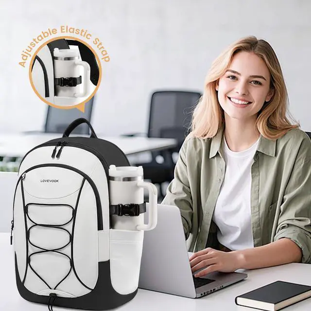 Alt view image 3 of 5 - LOVEVOOK Laptop Backpack for Women Men with Pouch Pocket for Large Capacity Cup,15.6 Inch Waterproof Travel Work Computer Laptop Bag College Teacher Backpack,Lightweight Hiking Backpack,White-Black