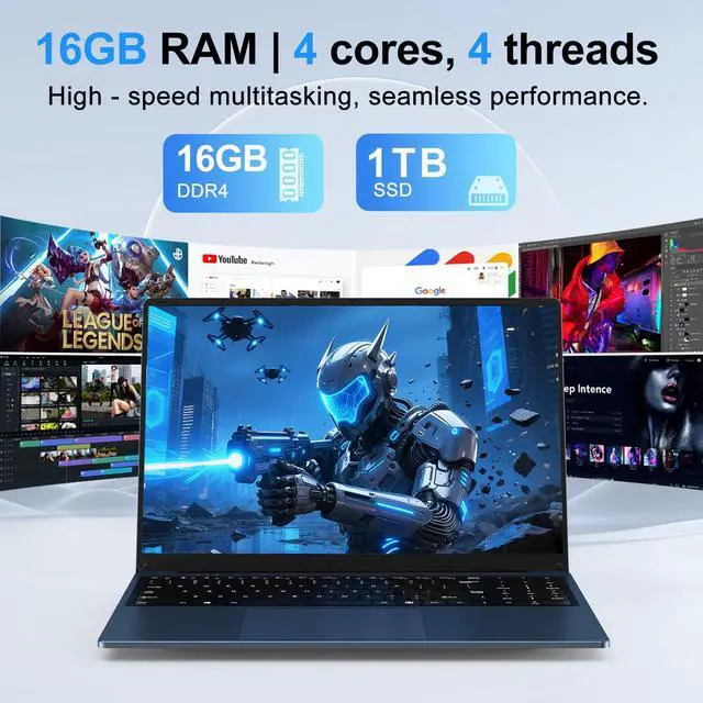 Alt view image 4 of 5 - CHIFUYOU Gaming Laptop, 2025 16 Inch Laptop Computer, N150 Processor (4C/4T, Up to 3.6GHz),16GB RAM 1TB SSD, WiFi 5,BT4.2,16" FHD 1920x1200(16:10), Backlit Keyboard, Blue