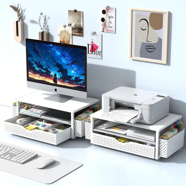 Alt view image 2 of 5 - Desk Organizer and Accessories, Computer Monitor Stand Riser with Drawer and 2 Pen Holders, Office Desk Accessories & Workspace Organizers for Office Supplies (White)