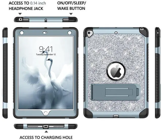 Alt view image 2 of 5 - YINLAI Case for iPad 6th Generation,iPad 5th Generation Case,iPad 9.7 Case,Glitter Women Shockproof Drop Protection Cover with Kickstand iPad 9.7 inch iPad Air2 A1893/A1954/A1822/A1823,Titanium Blue