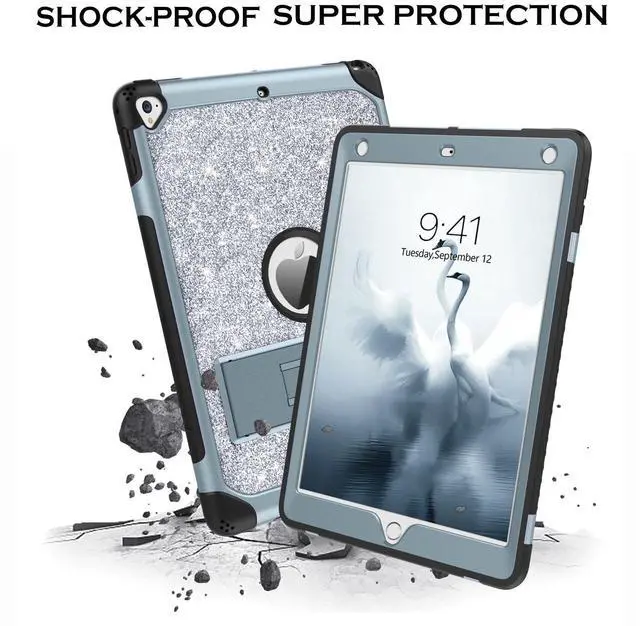 Alt view image 5 of 5 - YINLAI Case for iPad 6th Generation,iPad 5th Generation Case,iPad 9.7 Case,Glitter Women Shockproof Drop Protection Cover with Kickstand iPad 9.7 inch iPad Air2 A1893/A1954/A1822/A1823,Titanium Blue