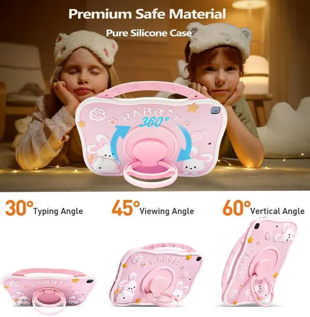 Alt view image 2 of 5 - Weuiean Premium Safe Material Silicone 3D Cartoon-Themed Shockproof Case for iPad 9th/8th/7th Generation 10.2", with Adjustable Shoulder Strap &Stand, for Women Girls Girly Boys Teens, Pink Rabbit