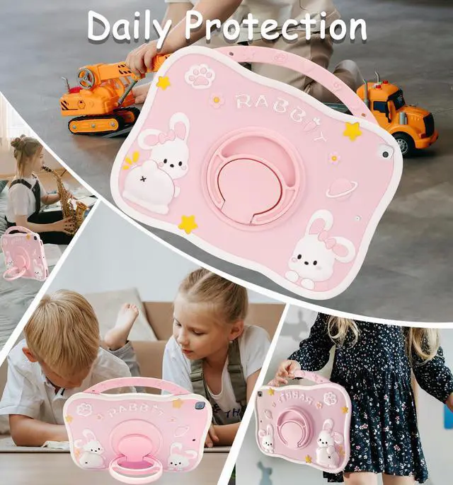 Alt view image 4 of 5 - Weuiean Premium Safe Material Silicone 3D Cartoon-Themed Shockproof Case for iPad 9th/8th/7th Generation 10.2", with Adjustable Shoulder Strap &Stand, for Women Girls Girly Boys Teens, Pink Rabbit