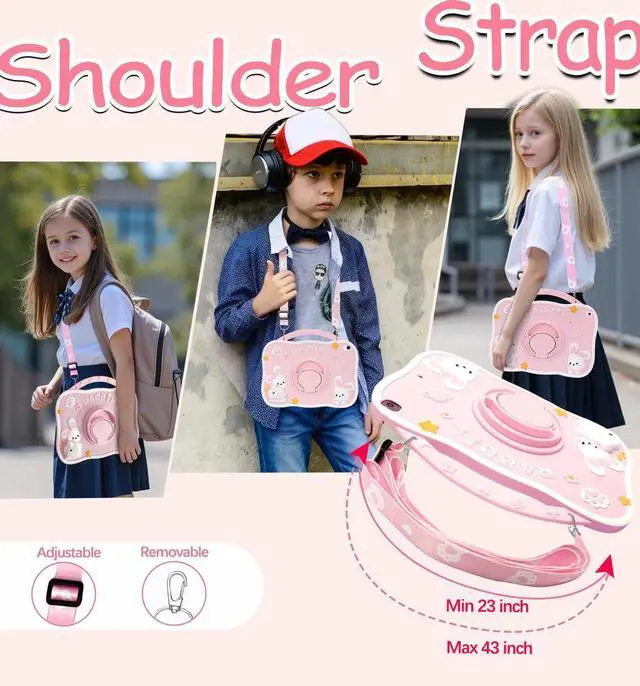 Alt view image 5 of 5 - Weuiean Premium Safe Material Silicone 3D Cartoon-Themed Shockproof Case for iPad 9th/8th/7th Generation 10.2", with Adjustable Shoulder Strap &Stand, for Women Girls Girly Boys Teens, Pink Rabbit