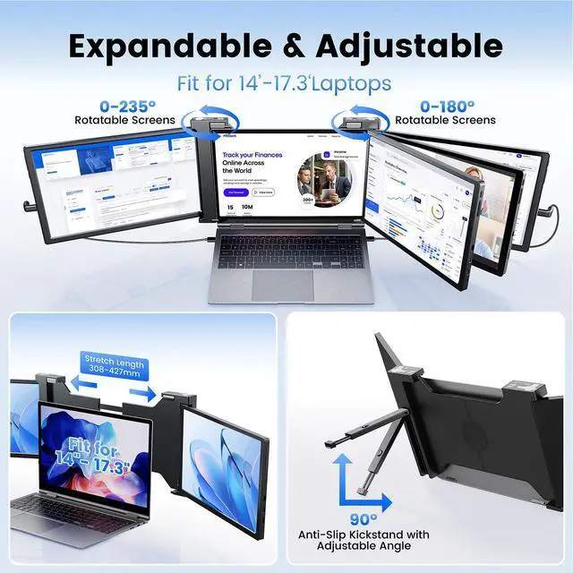 Alt view image 3 of 5 - 14'' Triple Laptop Screen Extender, 1080P FHD Portable Monitor for 14"-17" Laptop with USB-C/HDMI Port, Plug-Play Monitor Extender for Triple Display for Mac/Windows Remote Work & Multitasking