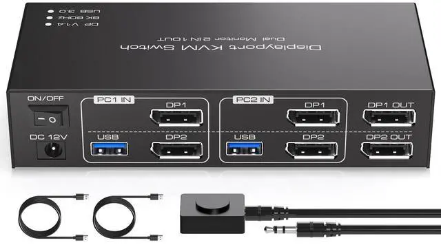 Main image of TJCXELE Displayport KVM Switch 2 Monitors 2 Computers 8K@60Hz/4K@120Hz USB 3.0 DP 1.4 KVM Switch for Two Computers Share Dual Displays and 4 USB Devices Support Extended & Copy Mode