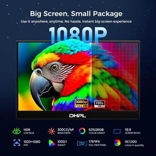 Alt view image 2 of 5 - DHPL Portable Monitor for Laptop, 15.6" FHD 1080P IPS USB-C & HDMI Second Display, w/Case & VESA Mount Holes (75x75mm), Compatible with PCs, MAC,Phones, PS5, Xbox, Switch