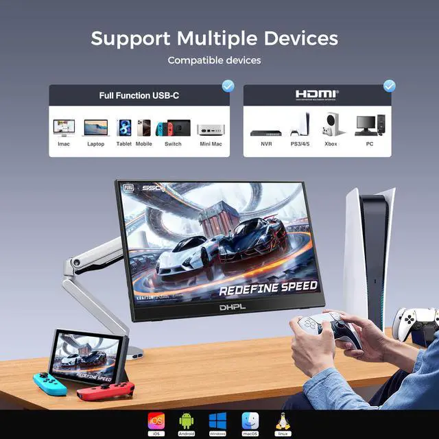 Alt view image 3 of 5 - DHPL Portable Monitor for Laptop, 15.6" FHD 1080P IPS USB-C & HDMI Second Display, w/Case & VESA Mount Holes (75x75mm), Compatible with PCs, MAC,Phones, PS5, Xbox, Switch