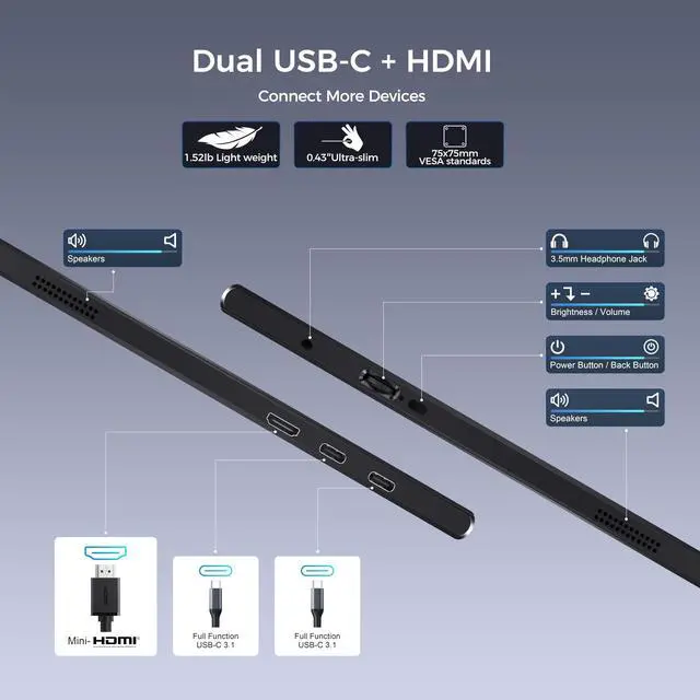 Alt view image 5 of 5 - DHPL Portable Monitor for Laptop, 15.6" FHD 1080P IPS USB-C & HDMI Second Display, w/Case & VESA Mount Holes (75x75mm), Compatible with PCs, MAC,Phones, PS5, Xbox, Switch