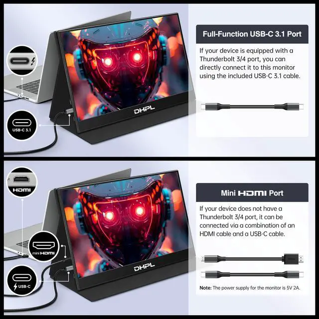 Alt view image 4 of 5 - DHPL Portable Monitor for Laptop, 15.6" FHD 1080P IPS USB-C & HDMI Second Display, w/Case & VESA Mount Holes (75x75mm), Compatible with PCs, MAC,Phones, PS5, Xbox, Switch