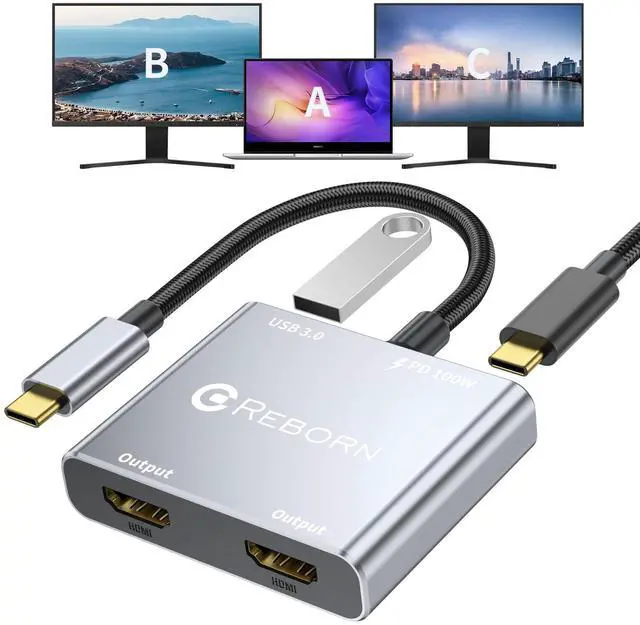 Main image of USB C to Dual HDMI Adapter | 4K@60Hz HDMI Splitter Extended Display for Dual Monitors, Multi-Monitor Adapter with USB and 100W PD, Windows Allows 3 Separate Screens, macOS Only Allows Mirror Mode