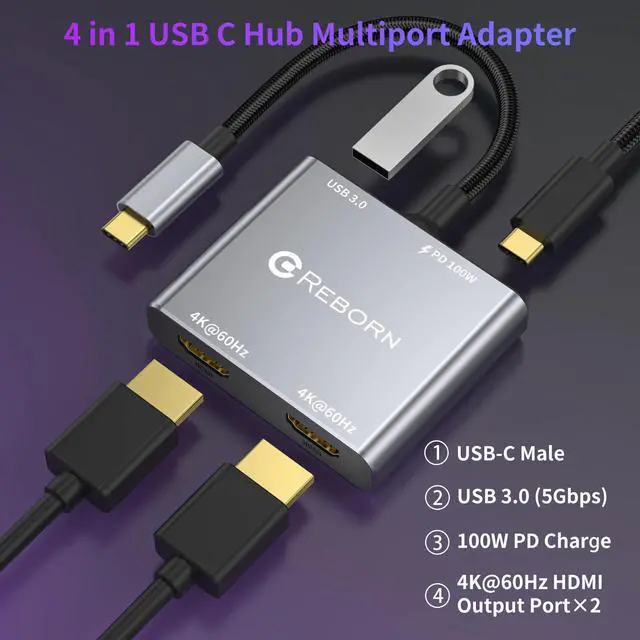 Alt view image 2 of 5 - USB C to Dual HDMI Adapter | 4K@60Hz HDMI Splitter Extended Display for Dual Monitors, Multi-Monitor Adapter with USB and 100W PD, Windows Allows 3 Separate Screens, macOS Only Allows Mirror Mode
