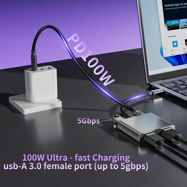 Alt view image 5 of 5 - USB C to Dual HDMI Adapter | 4K@60Hz HDMI Splitter Extended Display for Dual Monitors, Multi-Monitor Adapter with USB and 100W PD, Windows Allows 3 Separate Screens, macOS Only Allows Mirror Mode