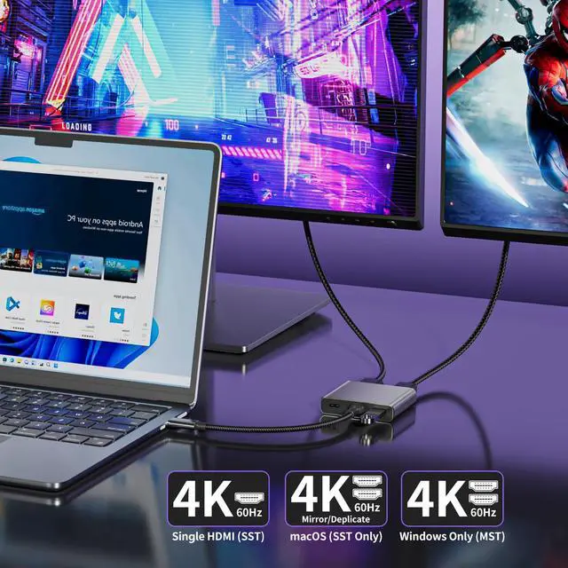 Alt view image 4 of 5 - USB C to Dual HDMI Adapter | 4K@60Hz HDMI Splitter Extended Display for Dual Monitors, Multi-Monitor Adapter with USB and 100W PD, Windows Allows 3 Separate Screens, macOS Only Allows Mirror Mode