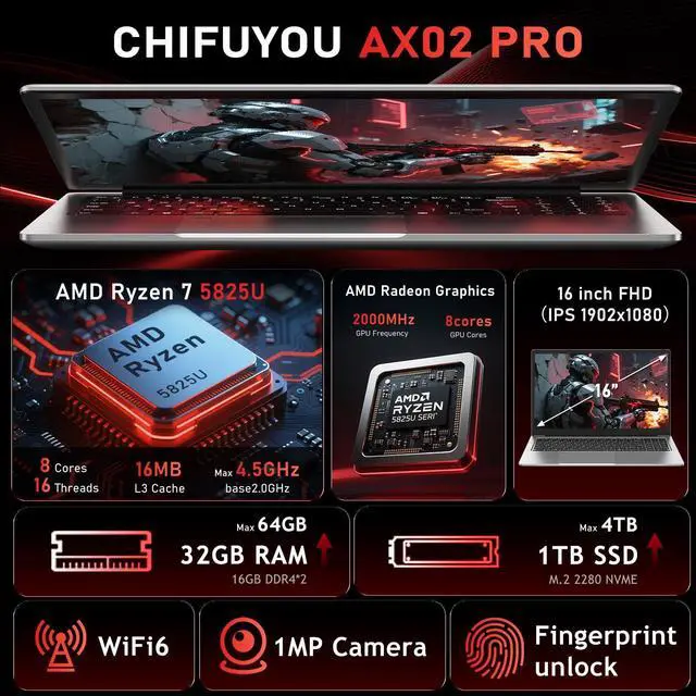 Alt view image 2 of 5 - CHIFUYOU Gaming Laptop Computer,16 Inch Lap Top PC 2025 Win 11 Pro,AMD Ryzen 7 5825U (8C/16T, Up to 4.5GHz), 32GB RAM 1TB SSD,Backlit Keyboard,Radeon Graphics,16 1920 * 1080P FHD,WiFi 6,BT 5.2