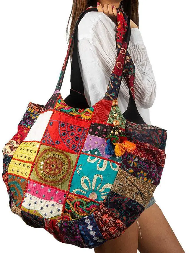 Alt view image 3 of 5 - Tribe Azure Women Large Floral Colorful Handmade Shoulder Bag Tote Summer Beach Picnic Blanket Books Laptop School Market Casual Boho