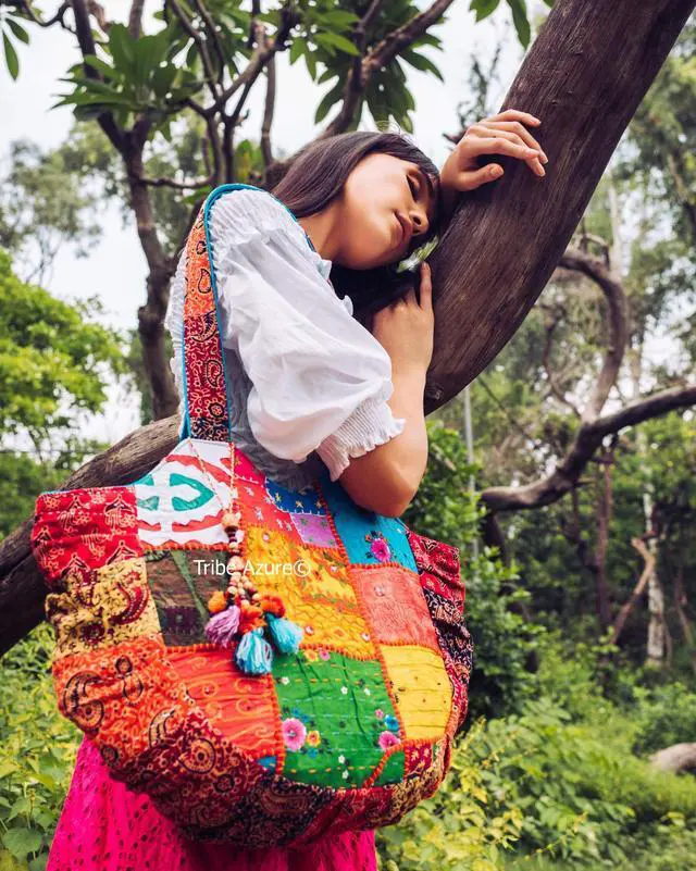 Alt view image 5 of 5 - Tribe Azure Women Large Floral Colorful Handmade Shoulder Bag Tote Summer Beach Picnic Blanket Books Laptop School Market Casual Boho