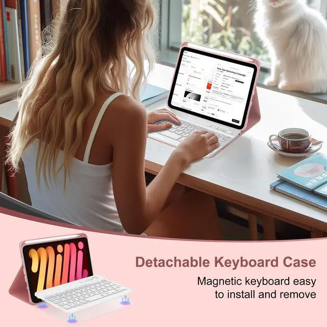 Alt view image 5 of 5 - Keyboard Case for iPad Mini 7th (A17 Pro, 2024) & 6th (2021) 8.3-inch, Rechargeable, Detachable Bluetooth Keyboard, Slim Folio Protective Cover with Pencil Holder for iPad Mini 7th/6th Generation