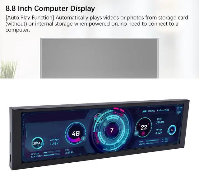 Alt view image 4 of 5 - 8.8 Inch Computer Secondary Screen,1920x480 LCD Display,PC Temperature Monitor,Computer Case Temperature Screen,Computer Secondary Display,CPU GPU Monitor