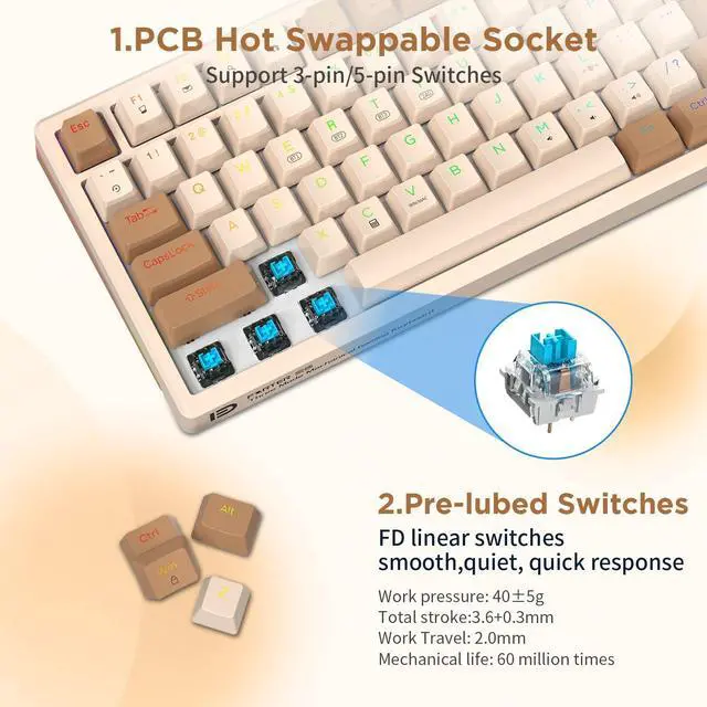 Alt view image 3 of 5 - HUO JI 96% Wireless Mechanical Keyboard, Hot Swappable, Pre-lubed Blue Switches, Gasket Structure, Bluetooth/2.4GHz/USB-C, Led Backlit Sidelit, Custom Gaming Keyboard for PC (Peach)