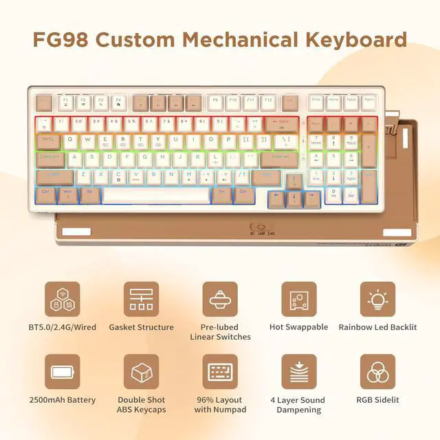 Alt view image 2 of 5 - HUO JI 96% Wireless Mechanical Keyboard, Hot Swappable, Pre-lubed Blue Switches, Gasket Structure, Bluetooth/2.4GHz/USB-C, Led Backlit Sidelit, Custom Gaming Keyboard for PC (Peach)