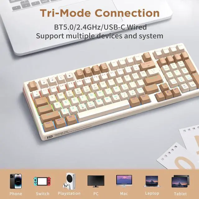 Alt view image 5 of 5 - HUO JI 96% Wireless Mechanical Keyboard, Hot Swappable, Pre-lubed Blue Switches, Gasket Structure, Bluetooth/2.4GHz/USB-C, Led Backlit Sidelit, Custom Gaming Keyboard for PC (Peach)