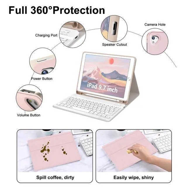 Alt view image 4 of 5 - for iPad Keyboard case 9.7 inch, iPad 6th Gen (2018), 5th Gen (2017), iPad Air 2 (2014), Air 1, iPad Pro (2016), Detachable Bluetooth Wireless Keyboard Folio Slim & Light Cover, Rechargeable, (Pink)