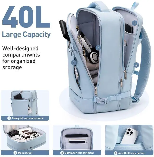 Alt view image 4 of 5 - SHOWKOO Travel Backpack For Man Women, Airline Approved Carry On Laptop Backpack For Business, 40L Expandable Large Capacity Backpack, Blue