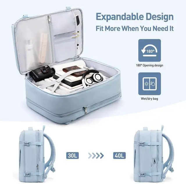 Alt view image 5 of 5 - SHOWKOO Travel Backpack For Man Women, Airline Approved Carry On Laptop Backpack For Business, 40L Expandable Large Capacity Backpack, Blue