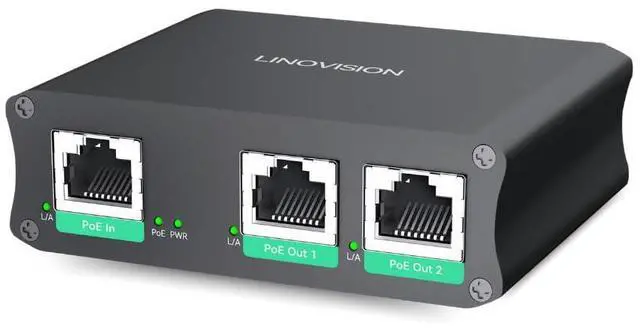 Main image of LINOVISION Industrial 2 Ports Gigabit PoE Extender, Passthrough and Split 30W PoE to Two PoE Cameras, PoE Repeater to Extends Extra 330ft - 3 Years Warrenty