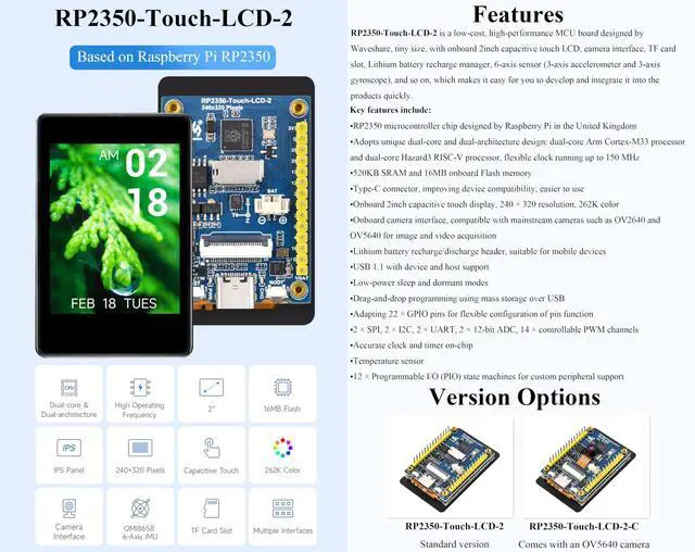 Alt view image 3 of 5 - RP2350 2inch Capacitive Touch Display Development Board, 240x320 IPS LCD, 262K Color, 16MB Flash Memory, Onboard 6-Axis Sensor, GPIO Pre-Soldered Header,Type-C, etc. with OV5640 Camera Module