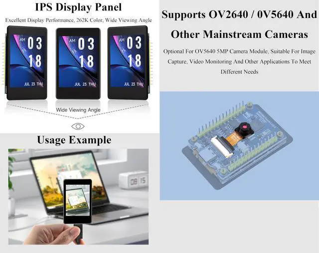 Alt view image 4 of 5 - RP2350 2inch Capacitive Touch Display Development Board, 240x320 IPS LCD, 262K Color, 16MB Flash Memory, Onboard 6-Axis Sensor, GPIO Pre-Soldered Header,Type-C, etc. with OV5640 Camera Module