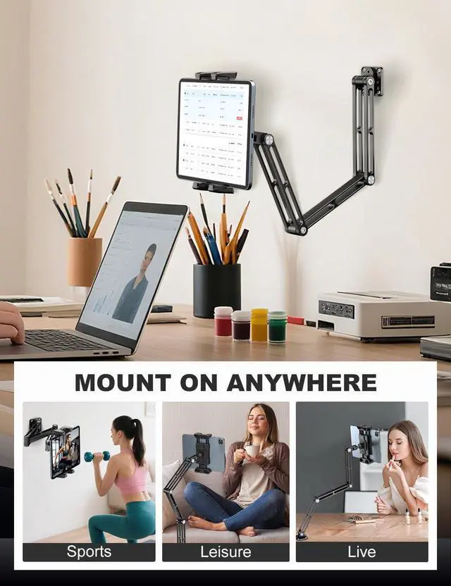 Alt view image 2 of 5 - OHLPRO Aluminum Tablet Wall Mount Holder - 360° Adjustable & Extendable 3-Stage Arm for iPad Pro/Air/Mini, Galaxy Tab 5-13" | Heavy Duty Metal Stand for Kitchen, Office, Bedroom