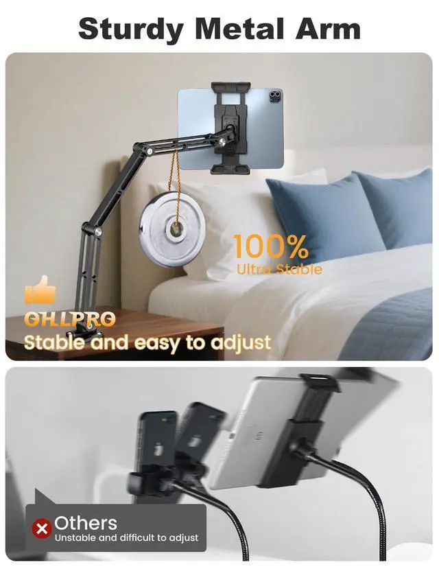 Alt view image 5 of 5 - OHLPRO Aluminum Tablet Wall Mount Holder - 360° Adjustable & Extendable 3-Stage Arm for iPad Pro/Air/Mini, Galaxy Tab 5-13" | Heavy Duty Metal Stand for Kitchen, Office, Bedroom