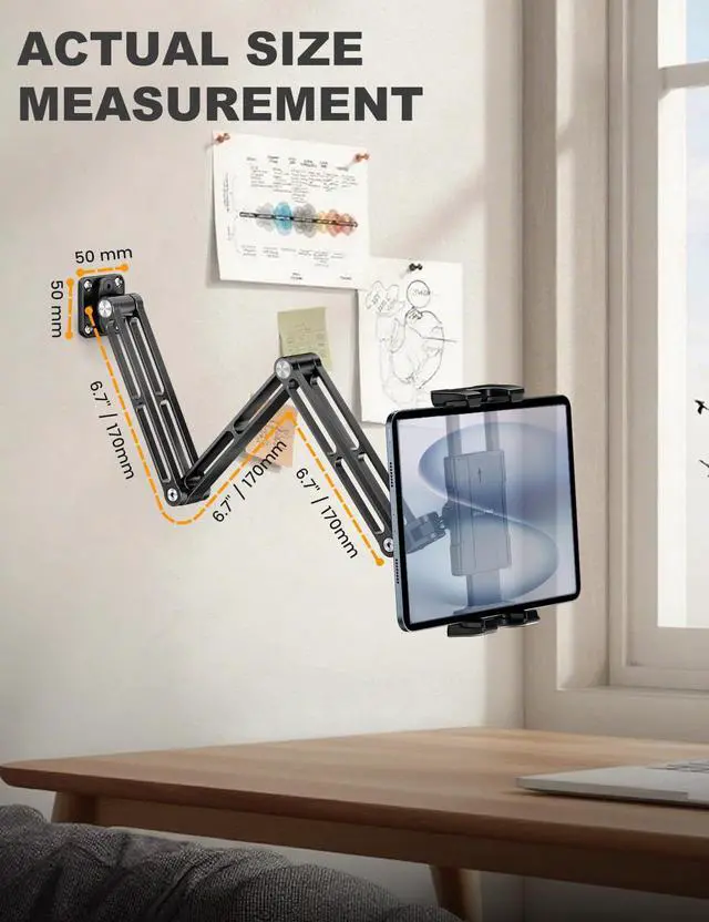 Alt view image 4 of 5 - OHLPRO Aluminum Tablet Wall Mount Holder - 360° Adjustable & Extendable 3-Stage Arm for iPad Pro/Air/Mini, Galaxy Tab 5-13" | Heavy Duty Metal Stand for Kitchen, Office, Bedroom