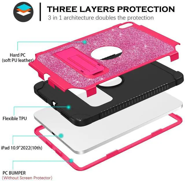 Alt view image 2 of 5 - YINLAI Case for iPad (A16) 11th Generation 11 Inch (2025), iPad 10th Generation10.9 Inch (2022) with Kickstand Kids Girls Women Slim Sparkle Glitter Bling Shockproof Protective Back Cover, Hot Pink