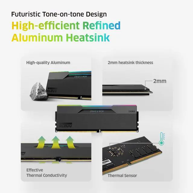 Alt view image 5 of 5 - KLEVV CRAS V RGB DDR5 48GB (2x24GB) 7600MHz CL36 SK Hynix A-Die 1.4V Gaming Desktop Ram Memory XMP 3.0 / AMD Expo Ready - Black (KD5KGUD80-76B360G)