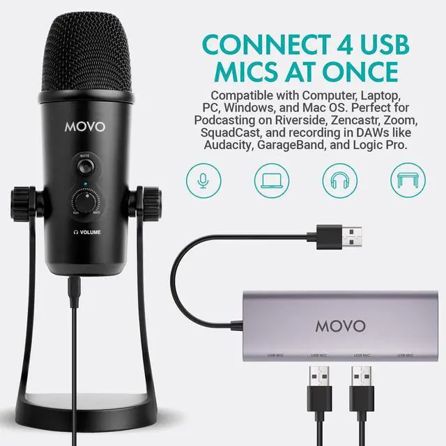 Alt view image 2 of 5 - Movo USB Podcast Equipment Bundle for 2  USB Interface with 2 UM700 Condenser Microphones  4-Port Powered Hub for Streaming, Podcasting, Interviews (with 2 Microphones)