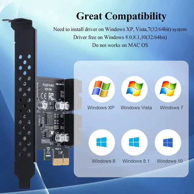 Alt view image 5 of 5 - BEYIMEI PCIE 1X to 2 Port 19Pin Expansion Card, USB 3.2 GEN1 Super Speed 5Gbps PCI Express Card for Windows 11, 10, 8.1, 8, 7, XP