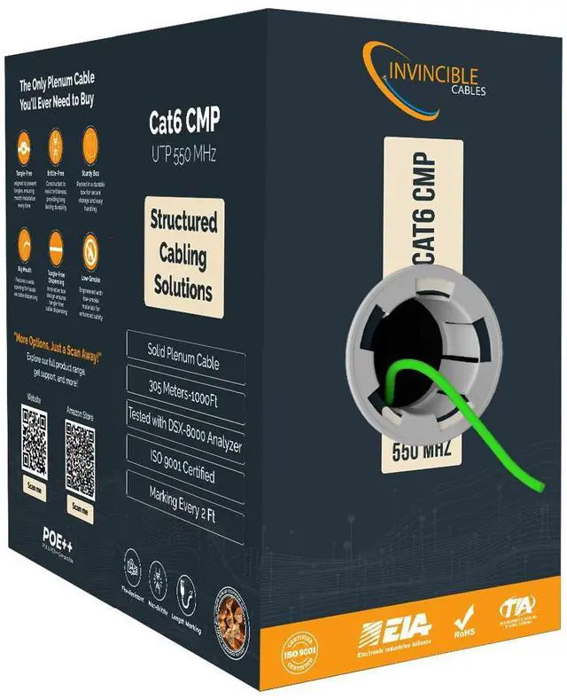 Main image of Cat6 Plenum Cable 1000ft | 0.57mm 100% Pure Copper, 550MHz 23AWG UTP | DSX-8000 Analyzer Tested Up to 100m | 10Gb, PoE++ | Industrys Most Certified Cable | Available in 7 Colors (Green)