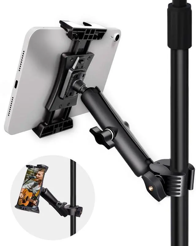 Main image of LMS iPad Holder for Mic Stand, Micophone Music Stand Tablet Phone Holder Mount, Exercise Bike Handlebar Clamp Mount Treadmill Tablet iPad Holder for Tablets & Phones 4-13.5 inches