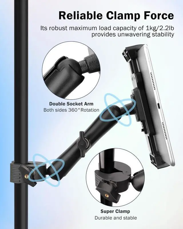 Alt view image 2 of 5 - LMS iPad Holder for Mic Stand, Micophone Music Stand Tablet Phone Holder Mount, Exercise Bike Handlebar Clamp Mount Treadmill Tablet iPad Holder for Tablets & Phones 4-13.5 inches